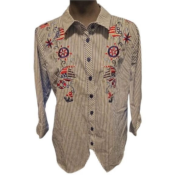 Quacker Factory Tops - EC QUACKER FACTORY NAUTICAL/PATRIOTIC STRIPPED SHIRT SZ. S
